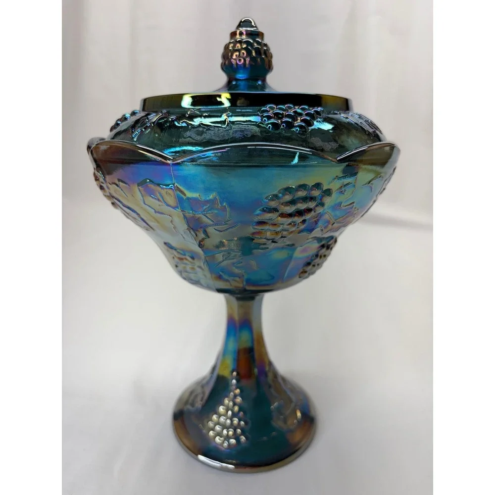 Vtg Carnival Glass Grape Leaf Compote Iridescent Teal Blue Candy Dish Lid 9.75